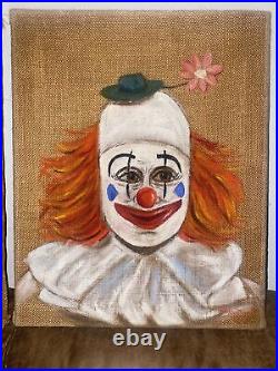 Origal Burlap Clown Paintings- Signed STL Native Elda Naggi 1960's VTG Pair Of 2