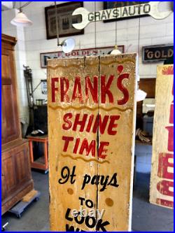 Original 1950s Vintage Hand Painted Shoe Shine Franks Advertising Trade Wood