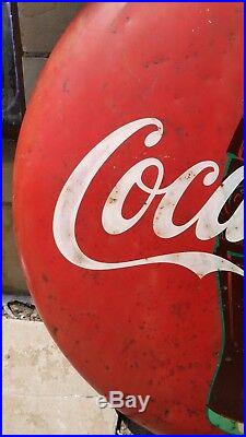 Original 48 Metal Painted Coca Cola Button Coke Sign Vtg Soda Pop Advertising