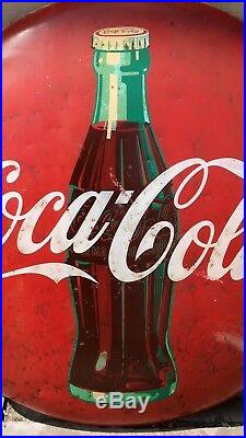 Original 48 Metal Painted Coca Cola Button Coke Sign Vtg Soda Pop Advertising