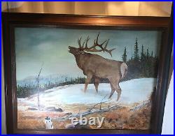 Original Art Painting Elk Rustic Scene on Canvas Framed'86 Signed Vintage