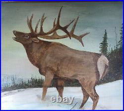 Original Art Painting Elk Rustic Scene on Canvas Framed'86 Signed Vintage