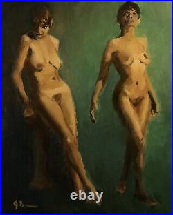 Original Jeff Barnes Vintage 16x20 Nude Figure Painting Women Oil On Hardboard