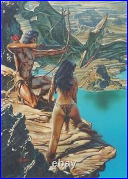 Original Joe Jusko Illustration Art Erb Painting Man & Cave Woman Vs Pterodactyl