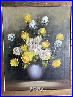 Original Oil Floral signed Ann Julia Rant (A. Julia) Yellow Roses Still Vtg READ