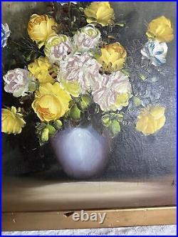 Original Oil Floral signed Ann Julia Rant (A. Julia) Yellow Roses Still Vtg READ
