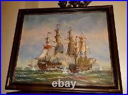 Original Oil Painting British Ships In Battle At Sea Signed By Artist