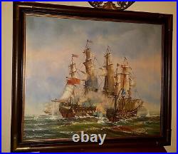 Original Oil Painting British Ships In Battle At Sea Signed By Artist