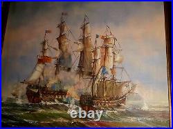 Original Oil Painting British Ships In Battle At Sea Signed By Artist