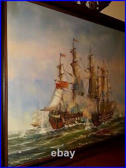 Original Oil Painting British Ships In Battle At Sea Signed By Artist