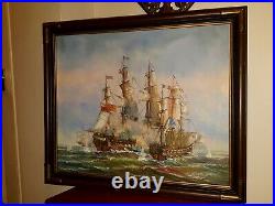 Original Oil Painting British Ships In Battle At Sea Signed By Artist