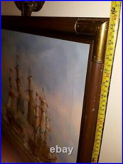 Original Oil Painting British Ships In Battle At Sea Signed By Artist