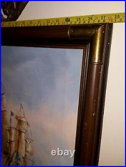 Original Oil Painting British Ships In Battle At Sea Signed By Artist