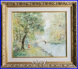 Original Oil Painting Forest Landscape Arch Bridge Vintage French Impressionist