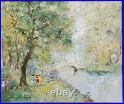 Original Oil Painting Forest Landscape Arch Bridge Vintage French Impressionist