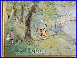 Original Oil Painting Forest Landscape Arch Bridge Vintage French Impressionist