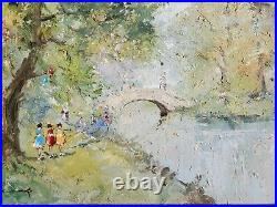 Original Oil Painting Forest Landscape Arch Bridge Vintage French Impressionist