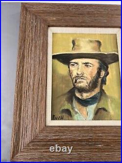 Original Oil Painting Signed Rush Wood Frame Clint Eastwood VTG Cowboy Western