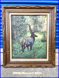 Original Oil Painting of Elk In Forest Clearing Signed Vintage Landscape Art