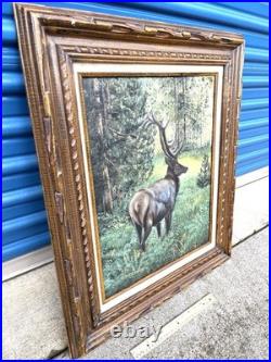 Original Oil Painting of Elk In Forest Clearing Signed Vintage Landscape Art