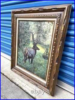 Original Oil Painting of Elk In Forest Clearing Signed Vintage Landscape Art