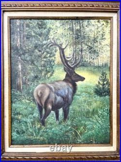 Original Oil Painting of Elk In Forest Clearing Signed Vintage Landscape Art