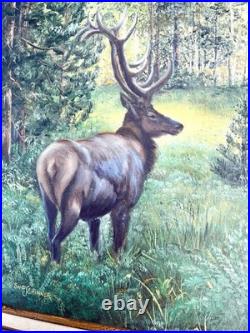 Original Oil Painting of Elk In Forest Clearing Signed Vintage Landscape Art