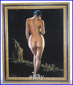 Original Oil Velvet Painting Young Nude by F. Lynnel signed, large 40X33 Vintage