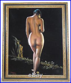 Original Oil Velvet Painting Young Nude by F. Lynnel signed, large 40X33 Vintage