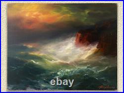 Original Oil painting on Canvas by Arthur Upelnieks Storm at Sea Signed USSR/USA