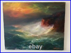 Original Oil painting on Canvas by Arthur Upelnieks Storm at Sea Signed USSR/USA