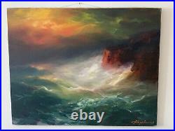 Original Oil painting on Canvas by Arthur Upelnieks Storm at Sea Signed USSR/USA