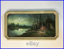 Original Pastel Signed Glatthaar Listed Artist Lake Camp Moonlight Scene Vintage