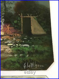 Original Pastel Signed Glatthaar Listed Artist Lake Camp Moonlight Scene Vintage