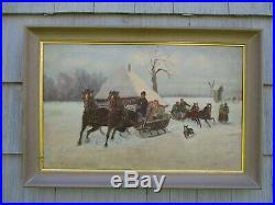 Original Signed Large Antique Vintage Winter Landscape with People Oil Painting