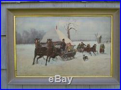 Original Signed Large Antique Vintage Winter Landscape with People Oil Painting