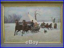 Original Signed Large Antique Vintage Winter Landscape with People Oil Painting