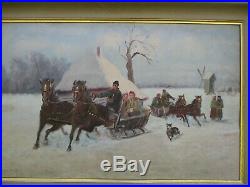 Original Signed Large Antique Vintage Winter Landscape with People Oil Painting