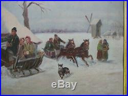 Original Signed Large Antique Vintage Winter Landscape with People Oil Painting