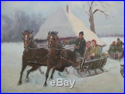 Original Signed Large Antique Vintage Winter Landscape with People Oil Painting