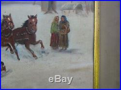 Original Signed Large Antique Vintage Winter Landscape with People Oil Painting