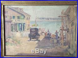 Original Signed Vintage Jean Spencer Oil Painting Blue Dog Restaurant