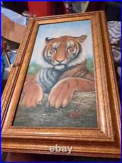 Original Vintage Canvas Oil Painting Bengal Tiger By Watson Signed Wood Framed