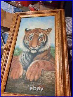Original Vintage Canvas Oil Painting Bengal Tiger By Watson Signed Wood Framed