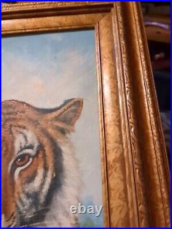 Original Vintage Canvas Oil Painting Bengal Tiger By Watson Signed Wood Framed