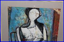Original Vintage Cubist Painting Signed Reisman-Woman Sitting In Metal Bed