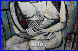 Original Vintage Cubist Painting Signed Reisman-Woman Sitting In Metal Bed