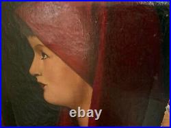 Original Vintage French Oil Painting Signed C1950 Lady in Red