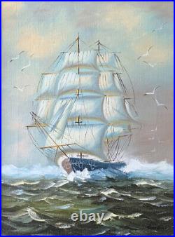 Original Vintage Oil Painting Clipper Ship Signed Framed Sea Ocean Antique