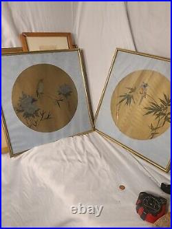 Original Vintage Pair Signed Asian Watercolors Birds Paintings Framed Chinese